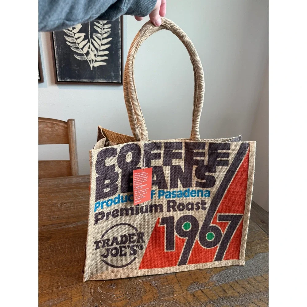 Trader Joes 1967 Coffee Beans Pasadena Jute Tote Bag Reusable 9‎ Gallon NWT